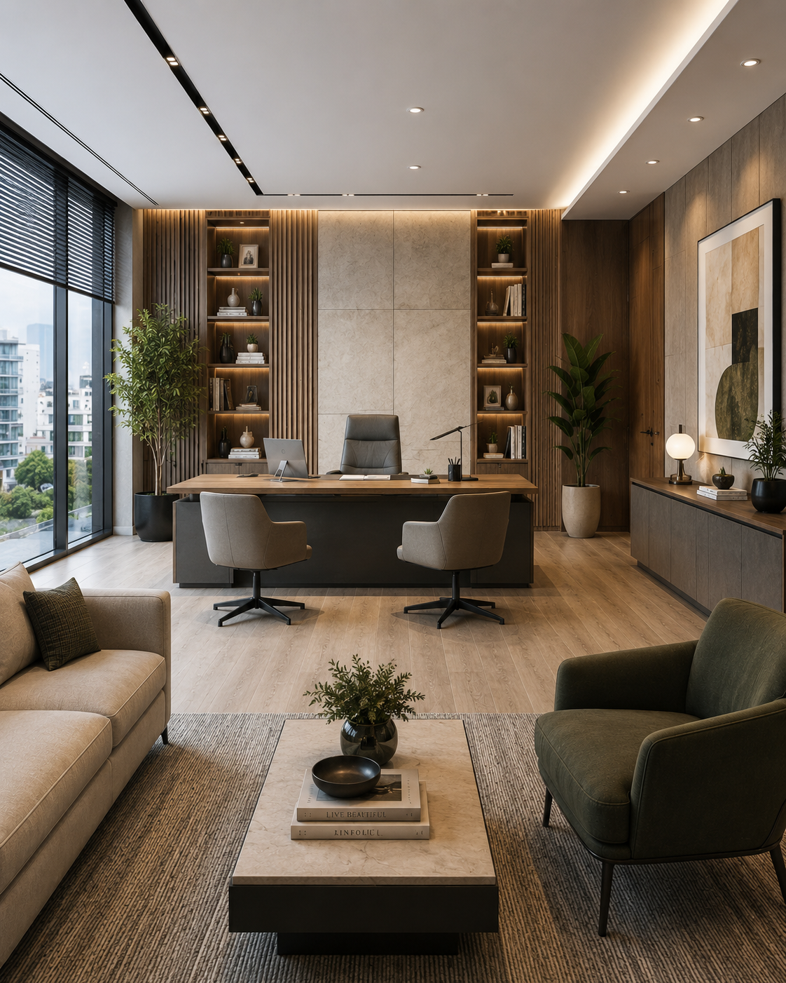 Modern executive office interior with wood panelling, desk and lounge seating